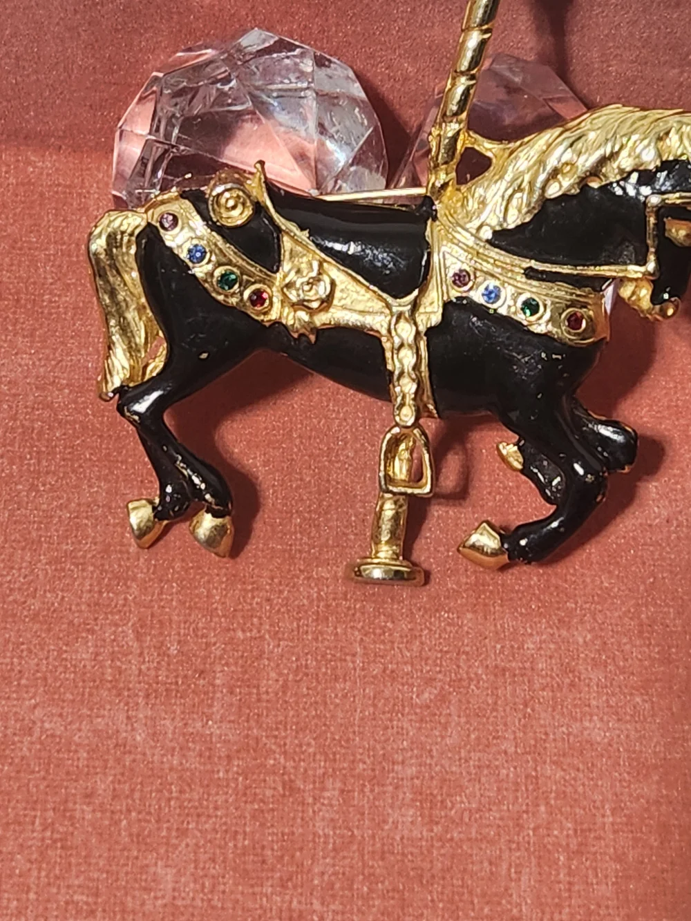 Black and Gold Carousel Horse Brooch with Multi-Colored Accents